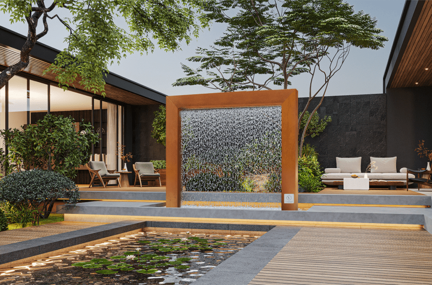 Modern courtyard with square water fountain feature