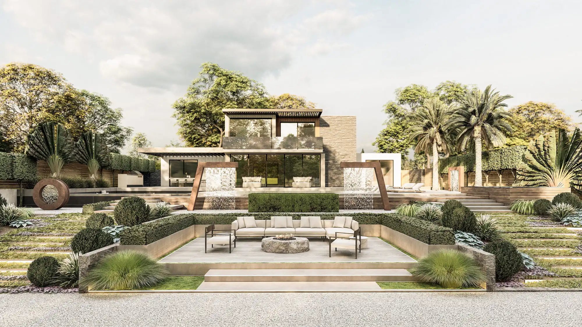 Modern luxury landscape with firepit lounge