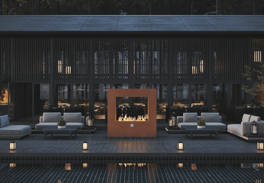 Modern outdoor lounge with square fire feature