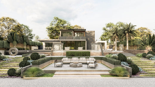 Modern luxury landscape with firepit lounge