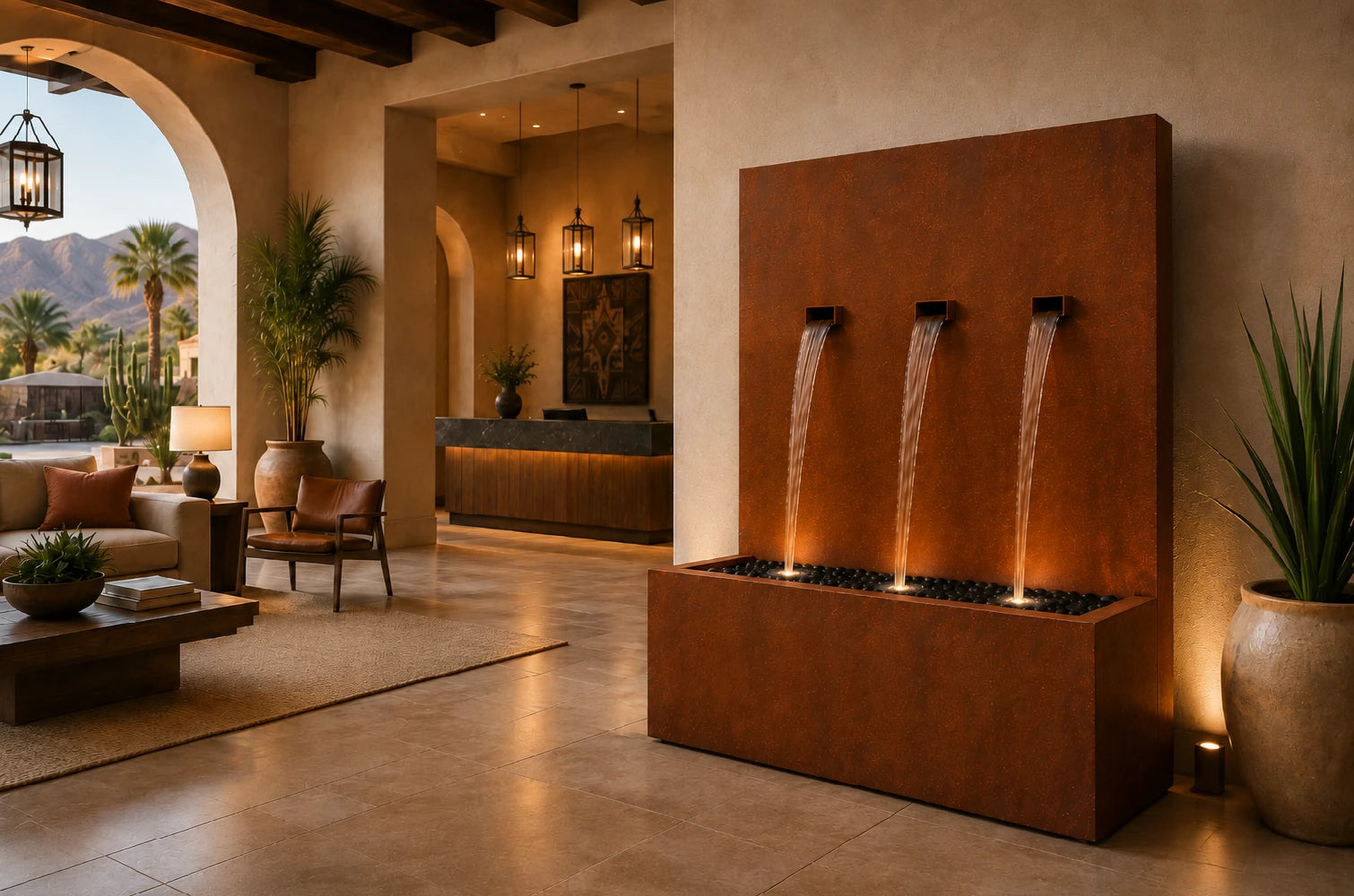 Corten steel 34-inch vertical wall fountain with 3 spouts, front view