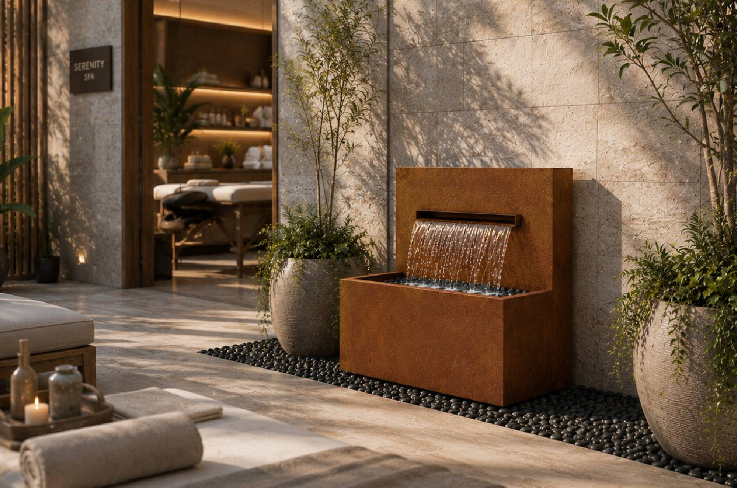 Corten steel 34-inch horizontal wall fountain, front view