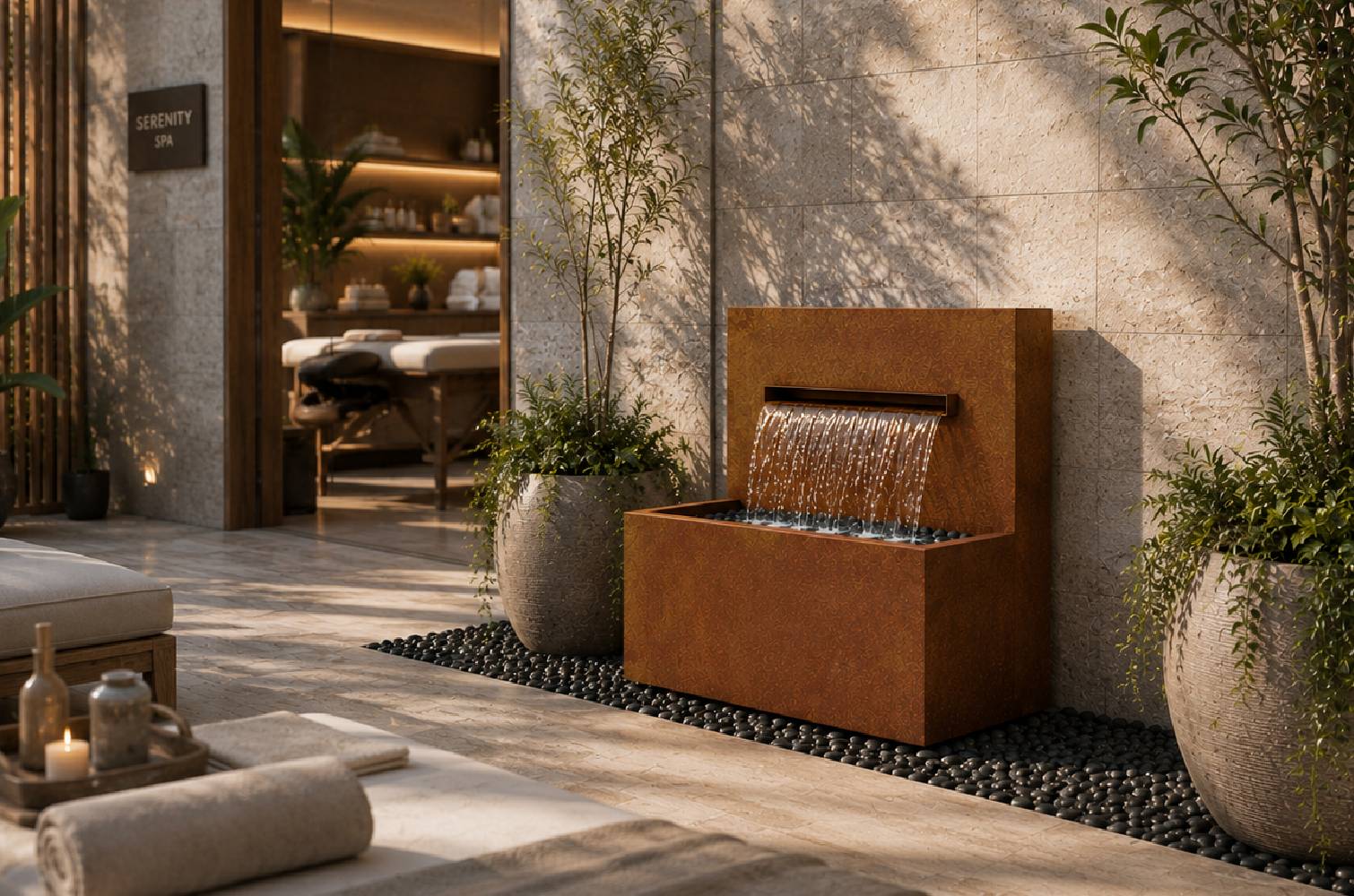 Corten steel 34-inch horizontal wall fountain, front view