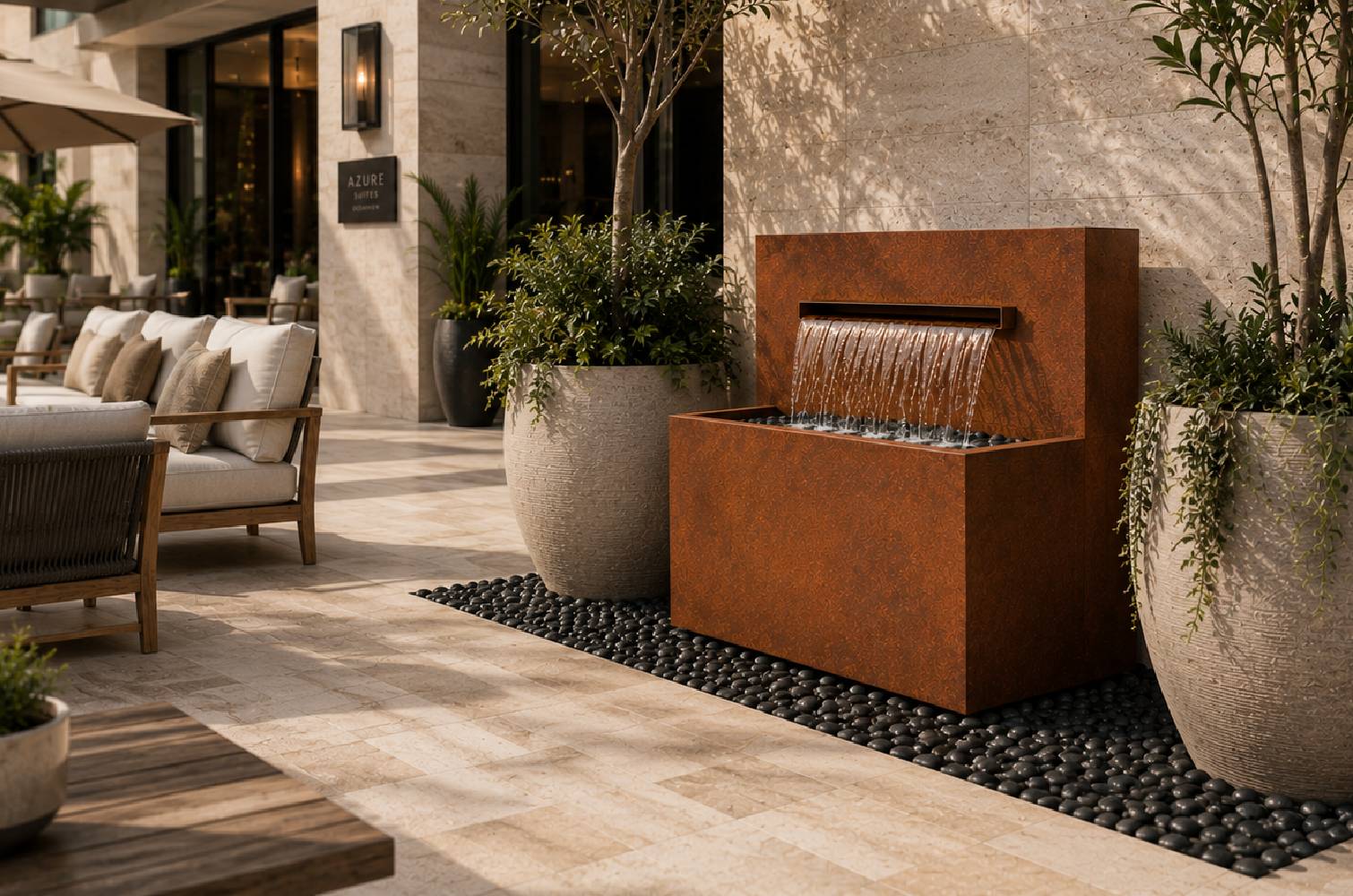 Corten 34-inch horizontal wall fountain with trough spillway, front view