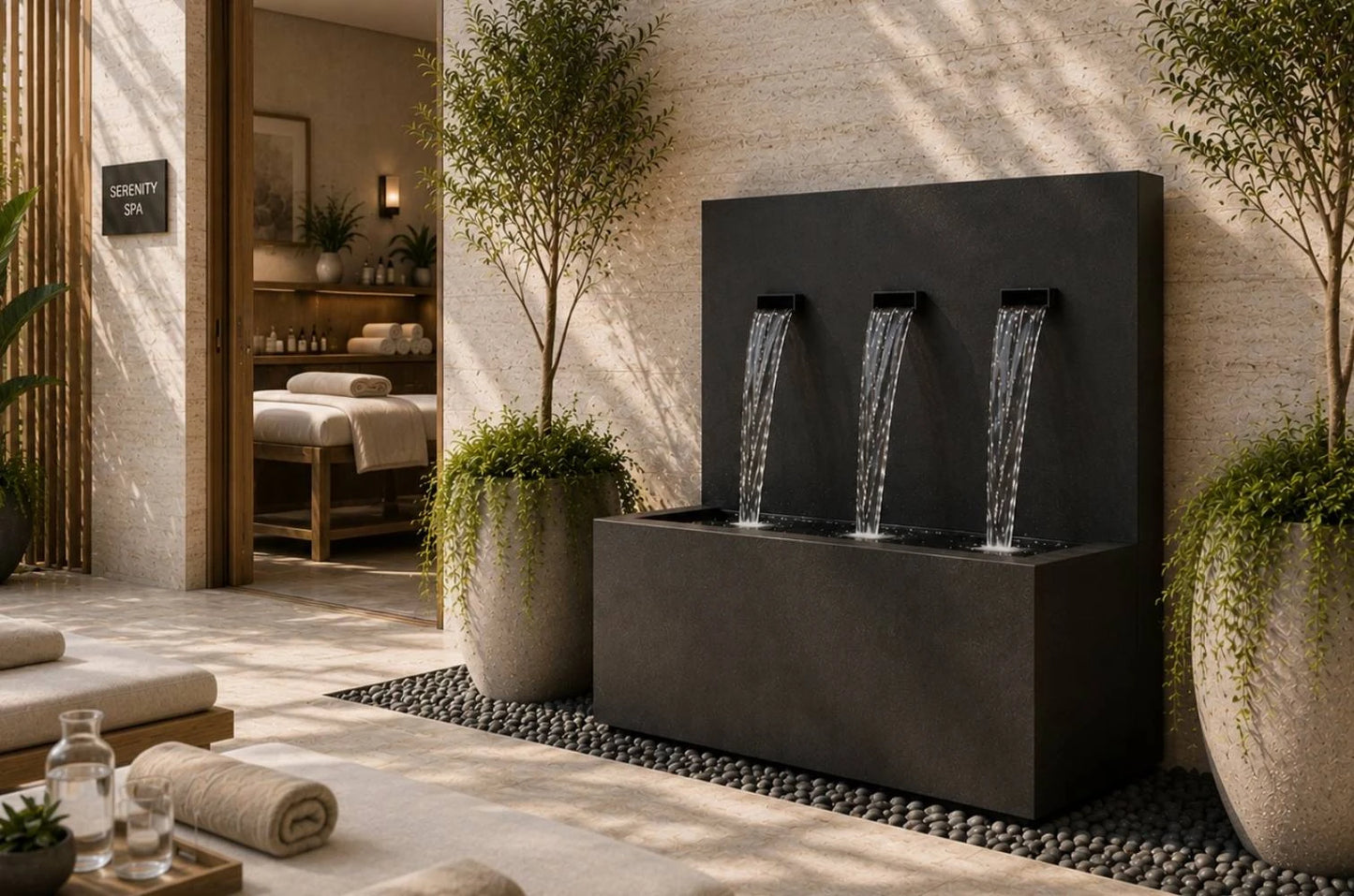 Black powder-coated 34-inch vertical wall fountain with 3 spouts, front view