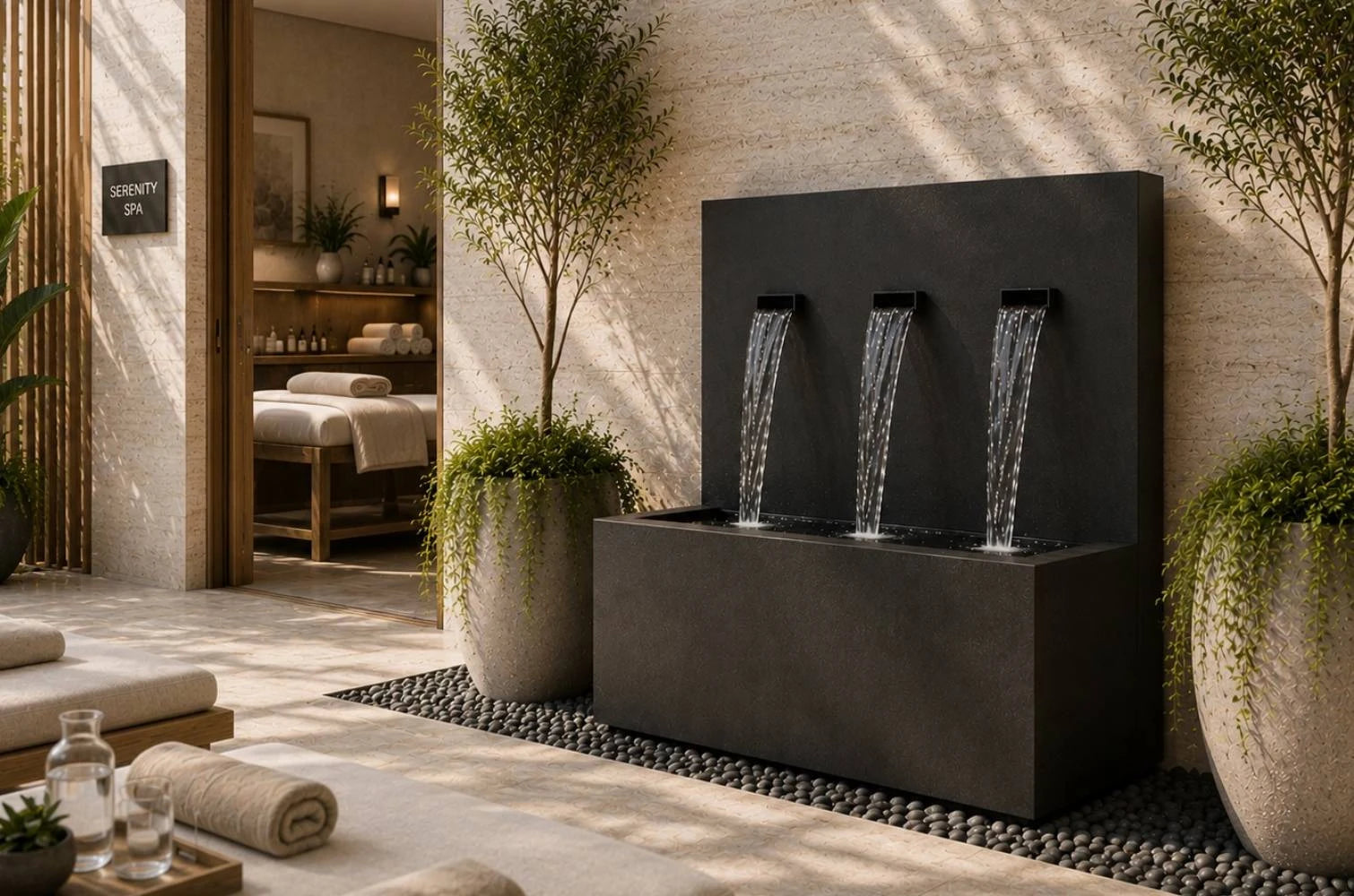 Black powder-coated 34-inch vertical wall fountain with 3 spouts, front view