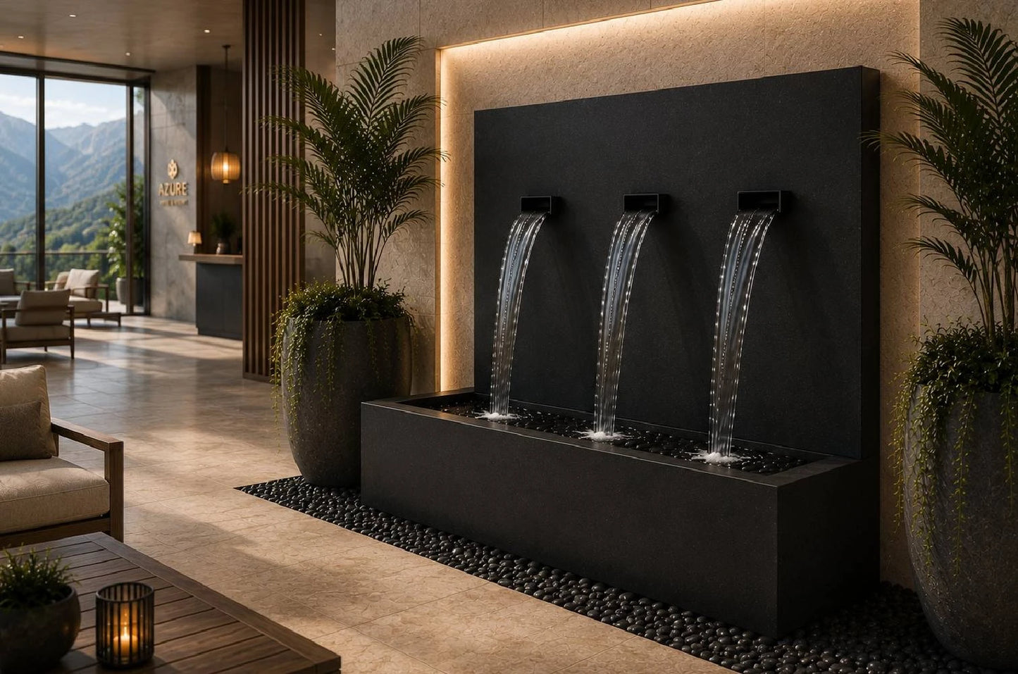 Black 34-inch 3-spout vertical wall fountain, side angle view