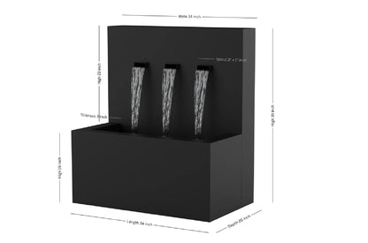 Black 34-inch 3-spout vertical wall fountain dimension 34" W x 39" H x 20" D