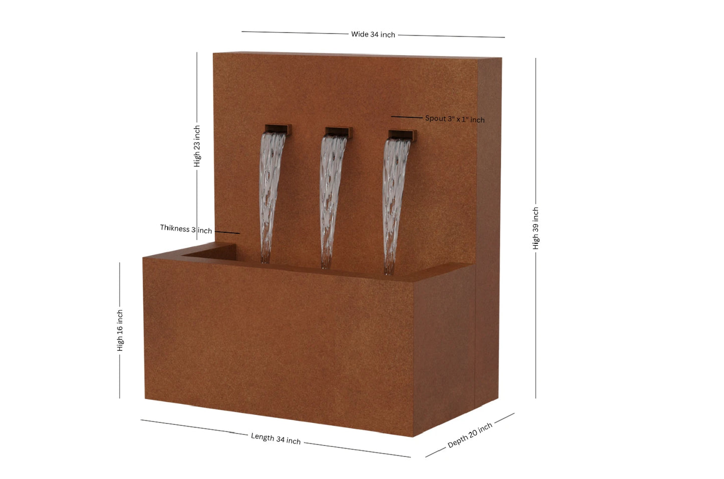 Corten 34-inch 3-spout vertical wall fountain dimension 34" W x 39" H x 20" D