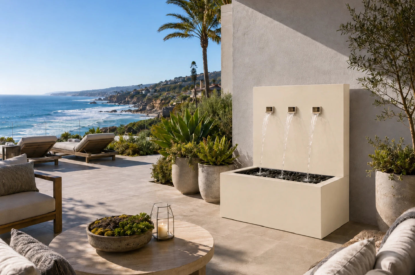 Cream oyster white 34-inch vertical wall fountain with 3 spouts, front view
