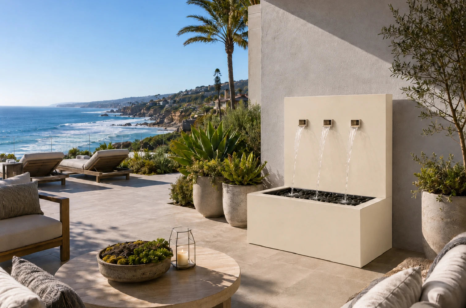 Cream oyster white 34-inch vertical wall fountain with 3 spouts, front view