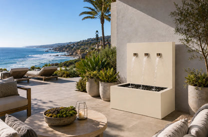 Cream oyster white 34-inch vertical wall fountain with 3 spouts, front view