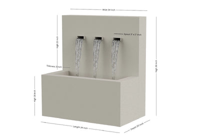 Cream 34-inch 3-spout vertical wall fountain dimension 34" W x 39" H x 20" D