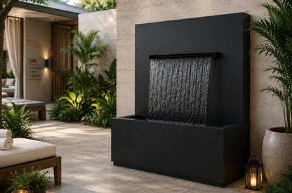 Black powder-coated 34-inch vertical wall fountain with trough spillway, front view