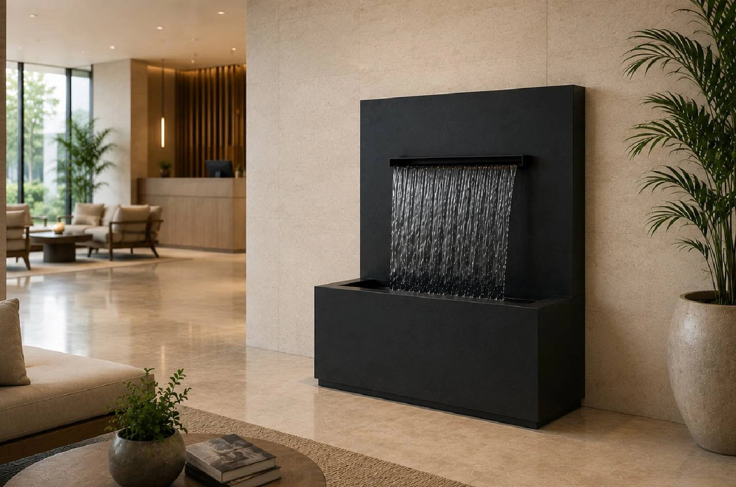 Black 34-inch trough spillway vertical wall fountain, side angle view