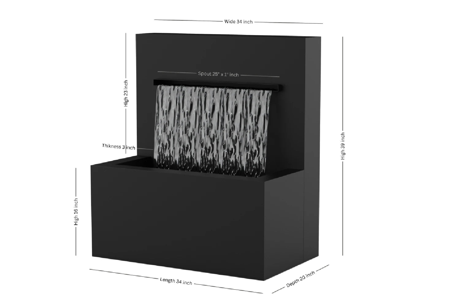 Black 34-inch trough vertical wall fountain dimension 34" W x 39" H x 20" D