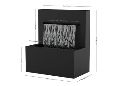 Black 34-inch trough vertical wall fountain dimension 34" W x 39" H x 20" D