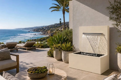 Cream oyster white 34-inch vertical wall fountain with trough spillway, front view