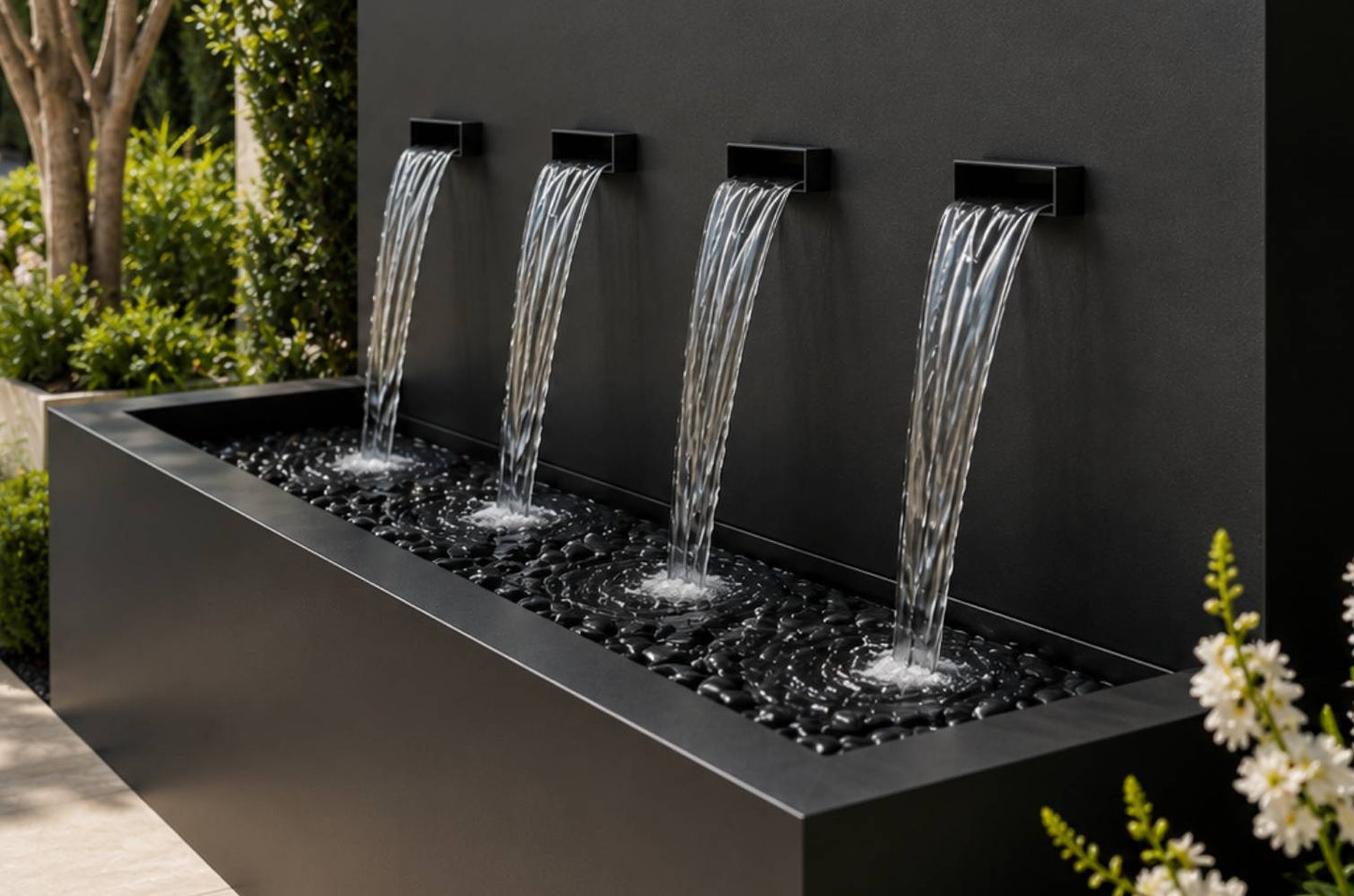 Black 42-inch 4-spout horizontal wall fountain, close-up of cascading water