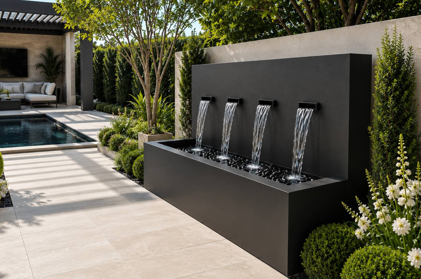 Black 42-inch 4-spout horizontal wall fountain, water flow detail from alternate angle