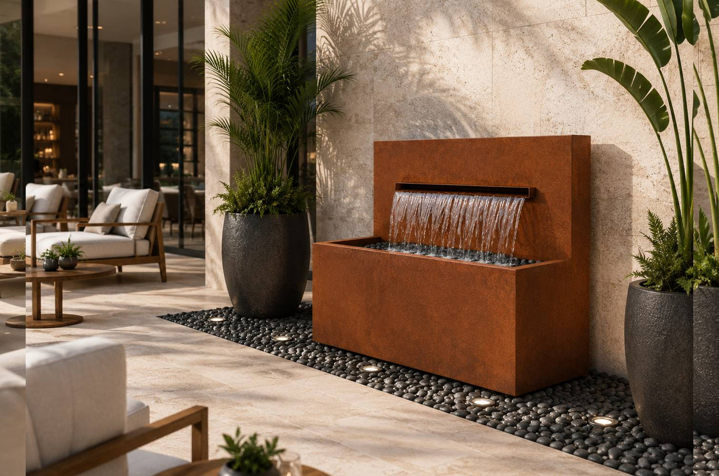 Corten steel 42-inch horizontal wall fountain, front view