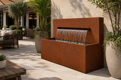 Corten 42-inch horizontal wall fountain, angled view