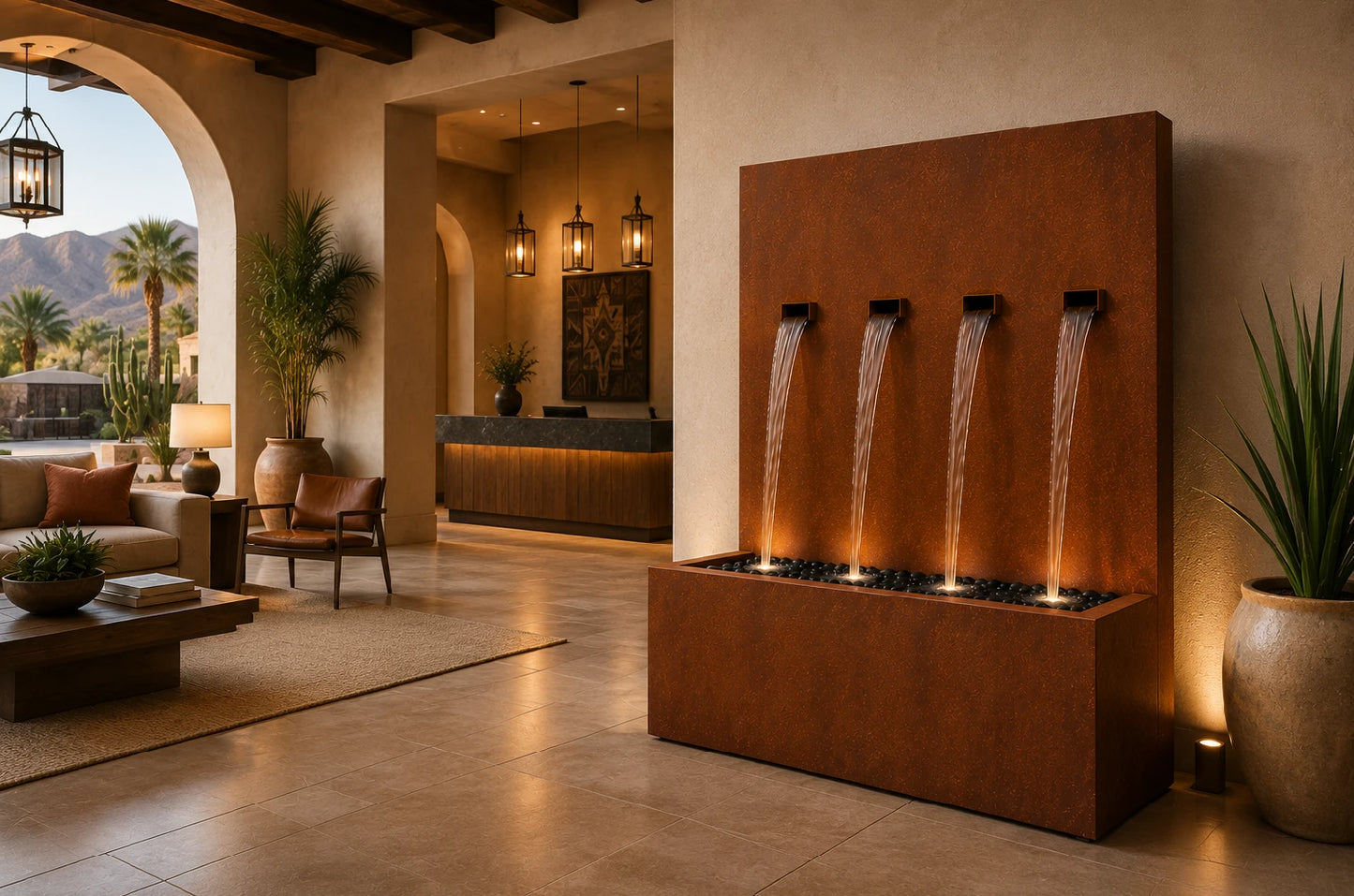 Corten steel 42-inch 4-spout vertical wall fountain, side angle view