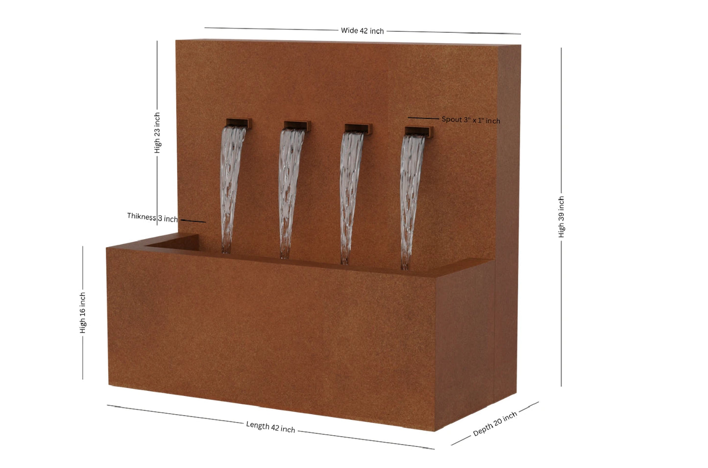 Corten 42-inch 4-spout vertical wall fountain dimension 42" W x 39" H x 20" D