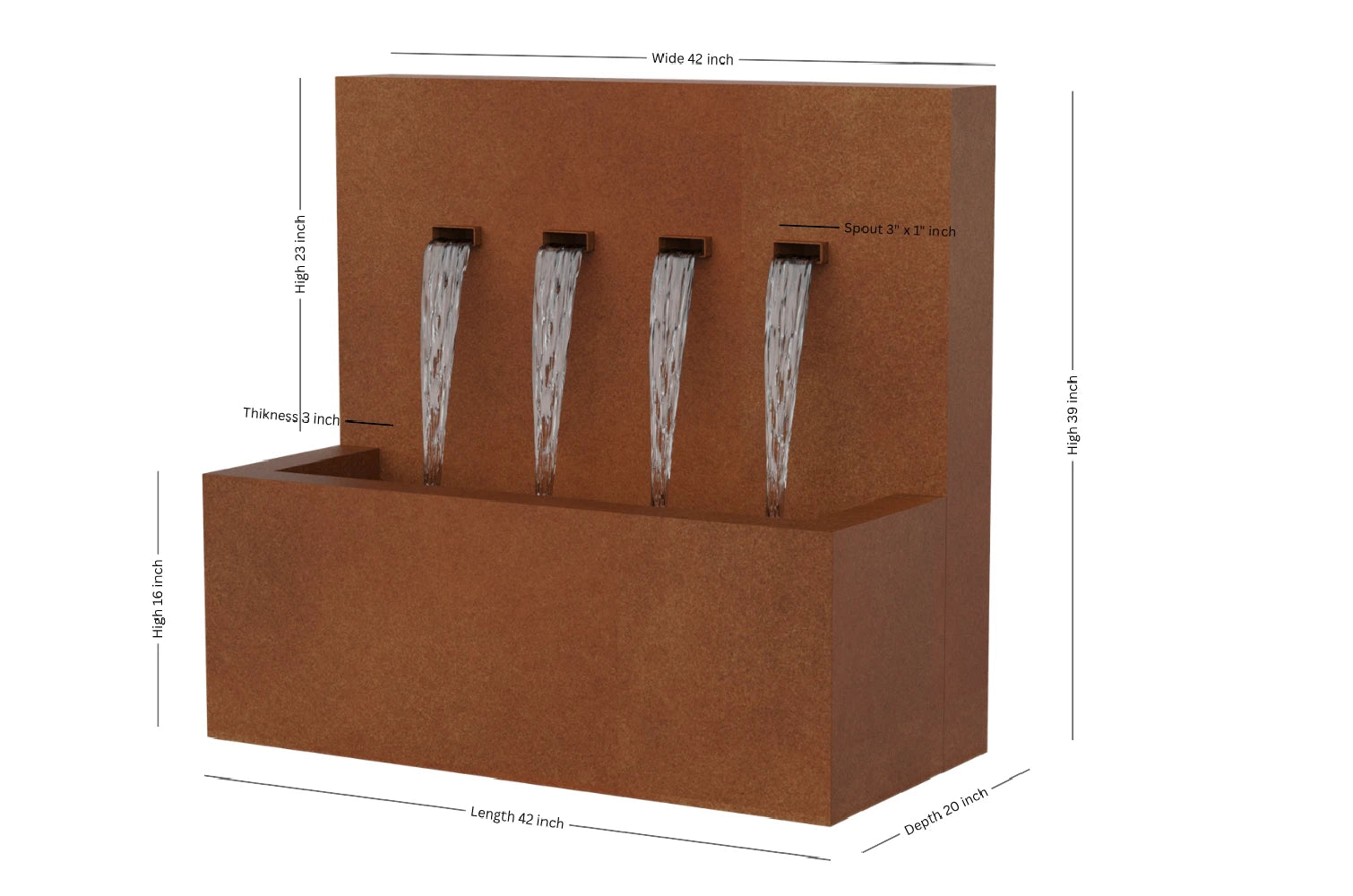 Corten 42-inch 4-spout vertical wall fountain dimension 42" W x 39" H x 20" D