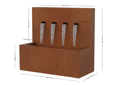 Corten 42-inch 4-spout vertical wall fountain dimension 42" W x 39" H x 20" D