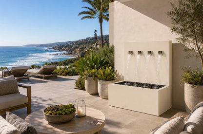Cream oyster white 42-inch vertical wall fountain with 4 spouts, front view