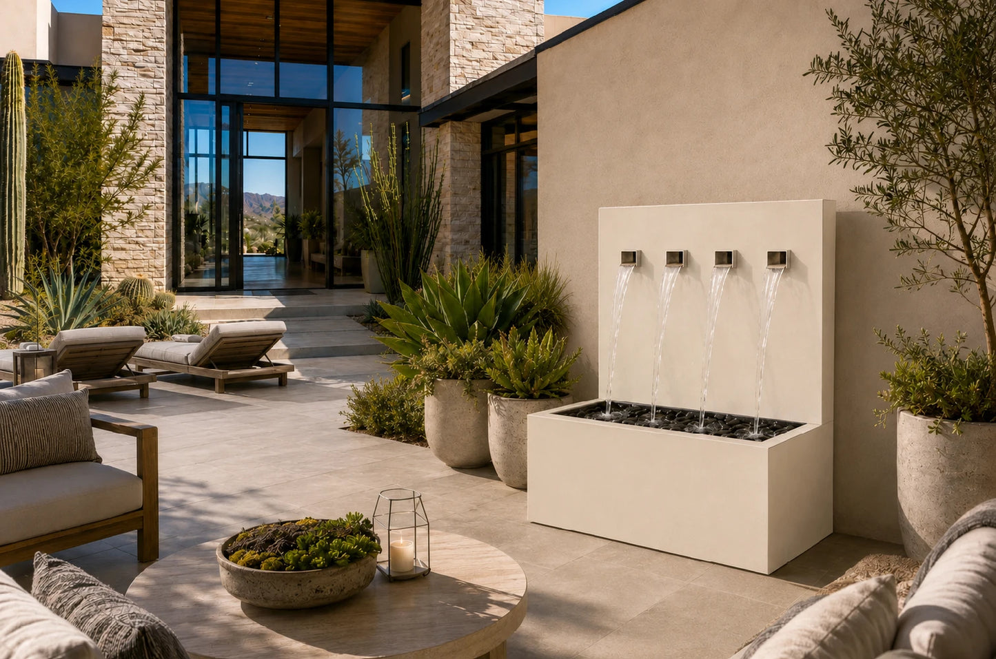 Cream oyster white 42-inch 4-spout vertical wall fountain, side angle view