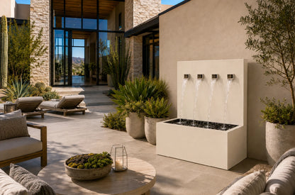 Cream oyster white 42-inch 4-spout vertical wall fountain, side angle view