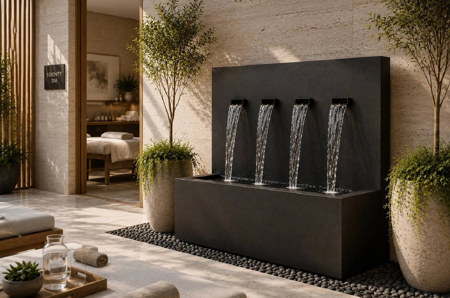 Black powder-coated 42-inch vertical wall fountain with 4 spouts, front view