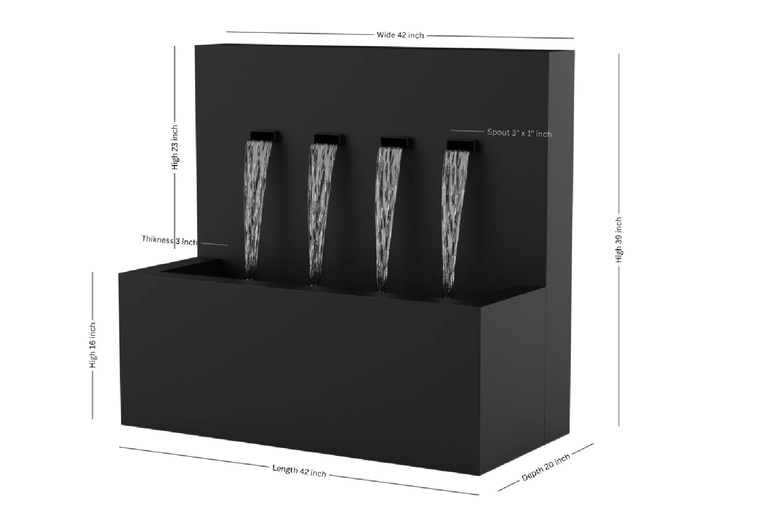 Black 42-inch 4-spout vertical wall fountain dimension 42" W x 39" H x 20" D