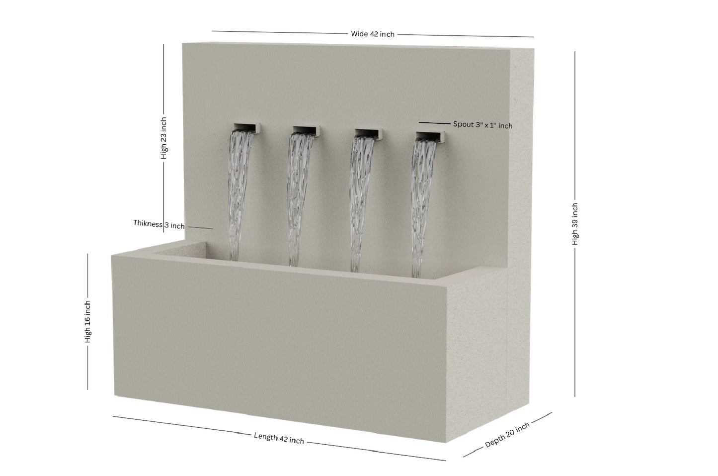 Cream 42-inch 4-spout vertical wall fountain dimension 42" W x 39" H x 20" D