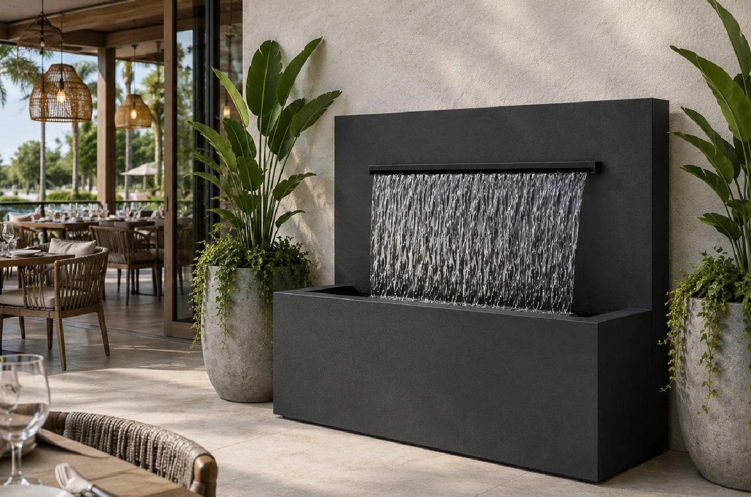 Black 42-inch trough spillway vertical wall fountain, side angle view