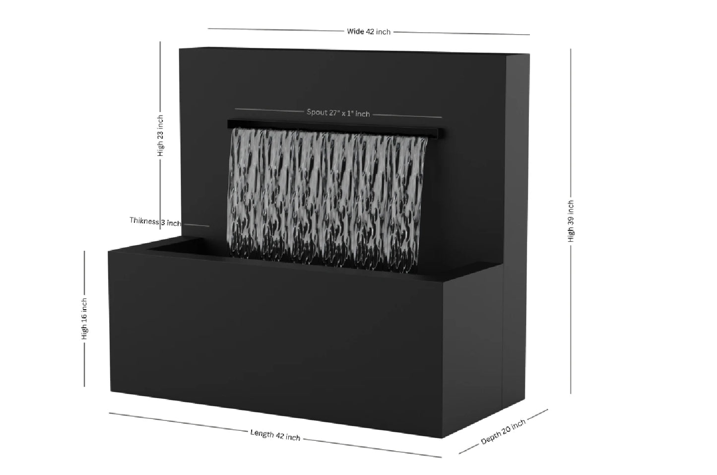 Black 42-inch trough vertical wall fountain dimension 42" W x 39" H x 20" D