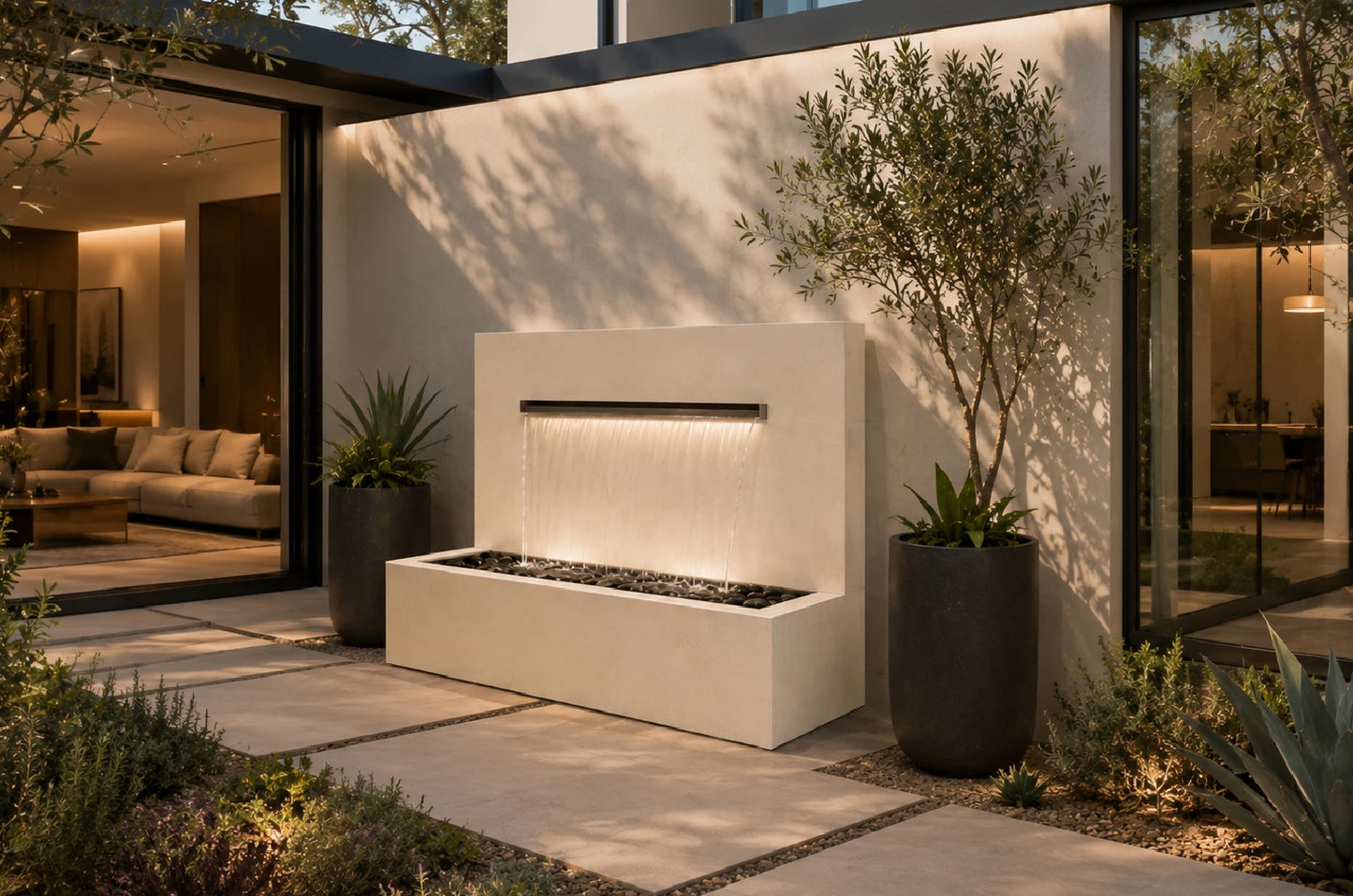 Cream 42-inch trough spillway vertical wall fountain, side angle view