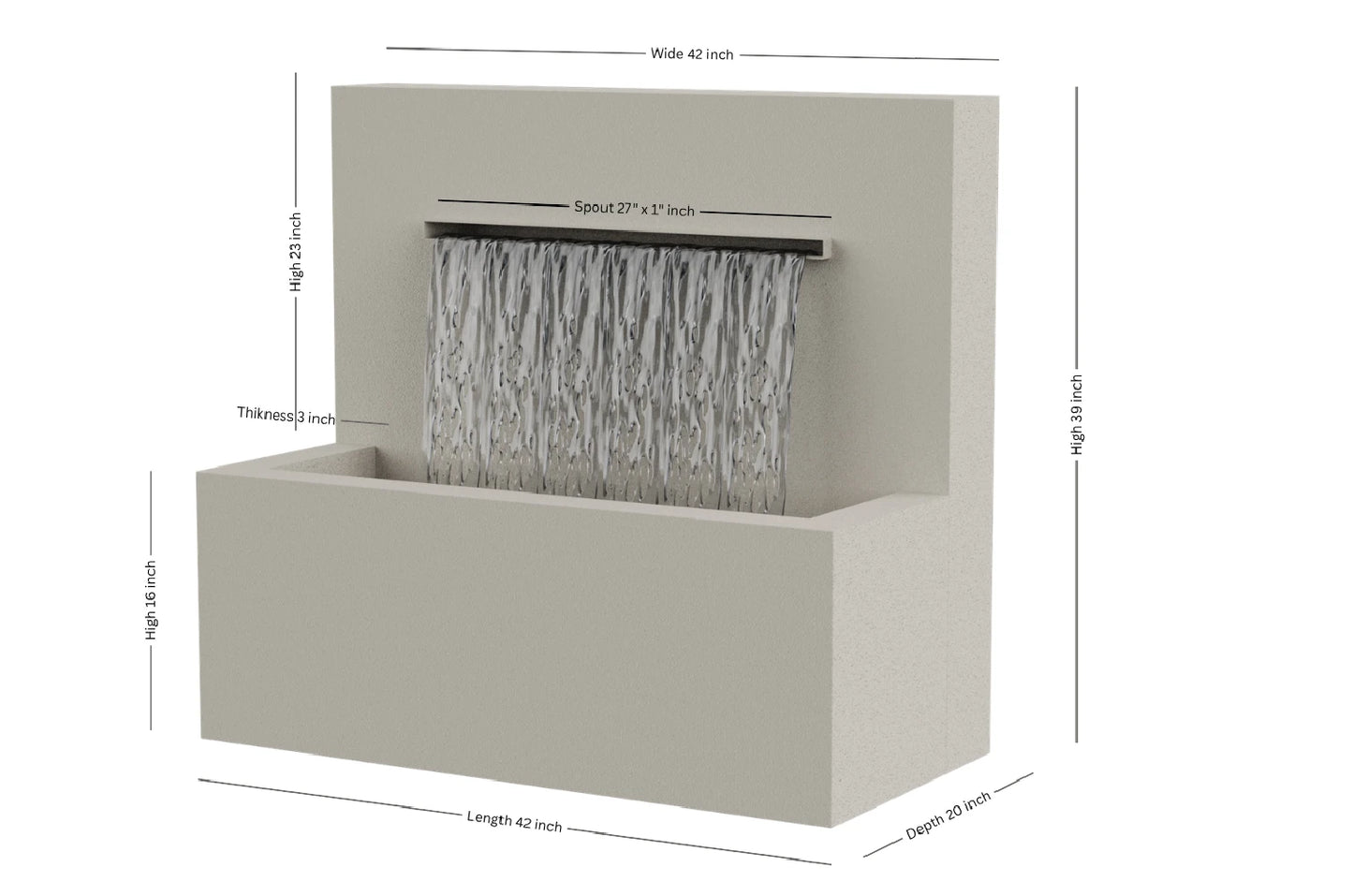 Cream 42-inch trough vertical wall fountain dimension 42" W x 39" H x 20" D