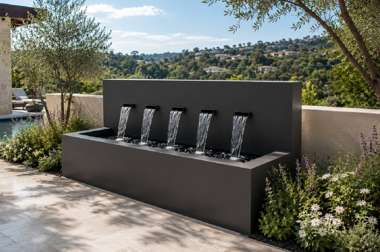 Black 50-inch 5-spout horizontal wall fountain, close-up of cascading water