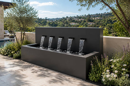 Black 50-inch 5-spout horizontal wall fountain, close-up of cascading water