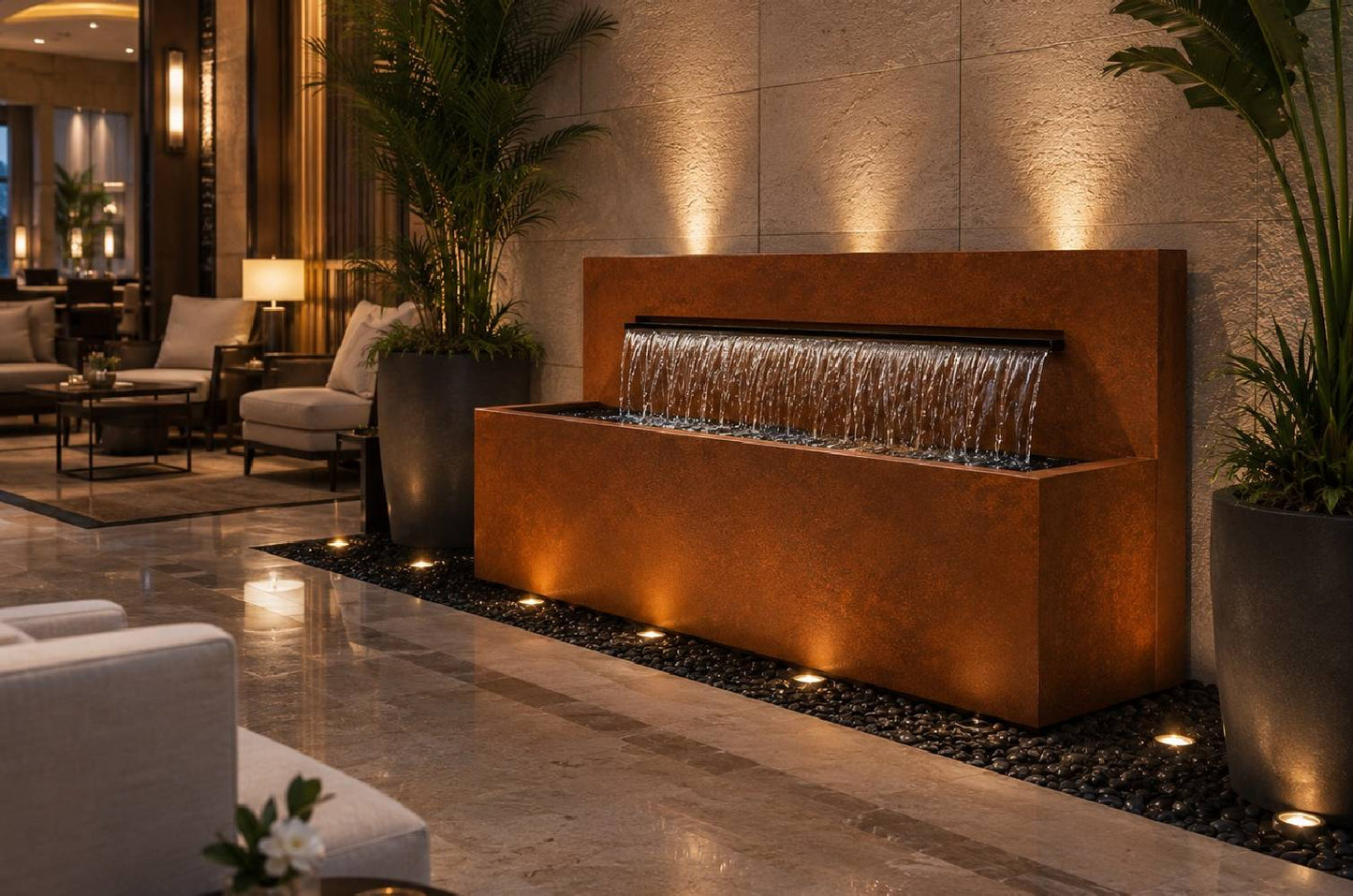 Corten steel 50-inch horizontal wall fountain with trough spillway, front view