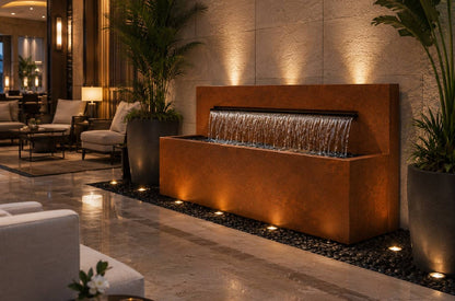 Corten steel 50-inch horizontal wall fountain with trough spillway, front view