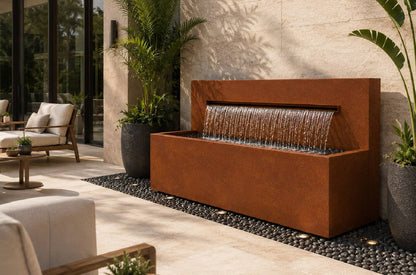 Corten 50-inch trough horizontal wall fountain, water flow detail