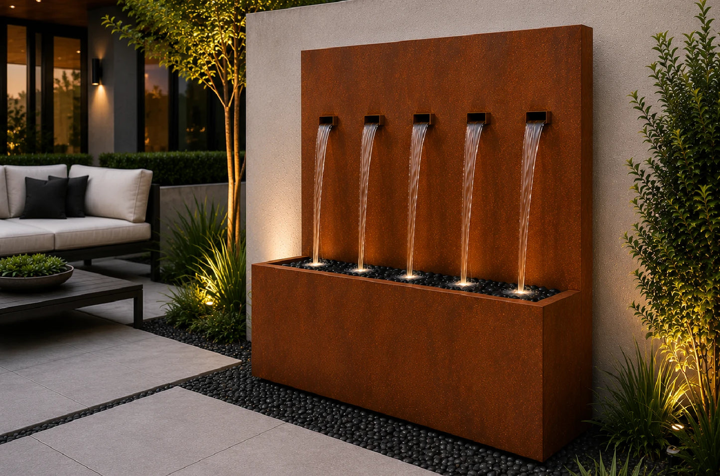Corten steel 50-inch vertical wall fountain with 5 spouts, front view - Valyrian Designs