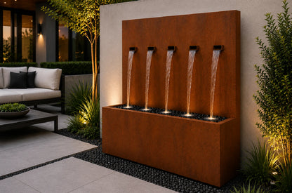 Corten steel 50-inch vertical wall fountain with 5 spouts, front view - Valyrian Designs