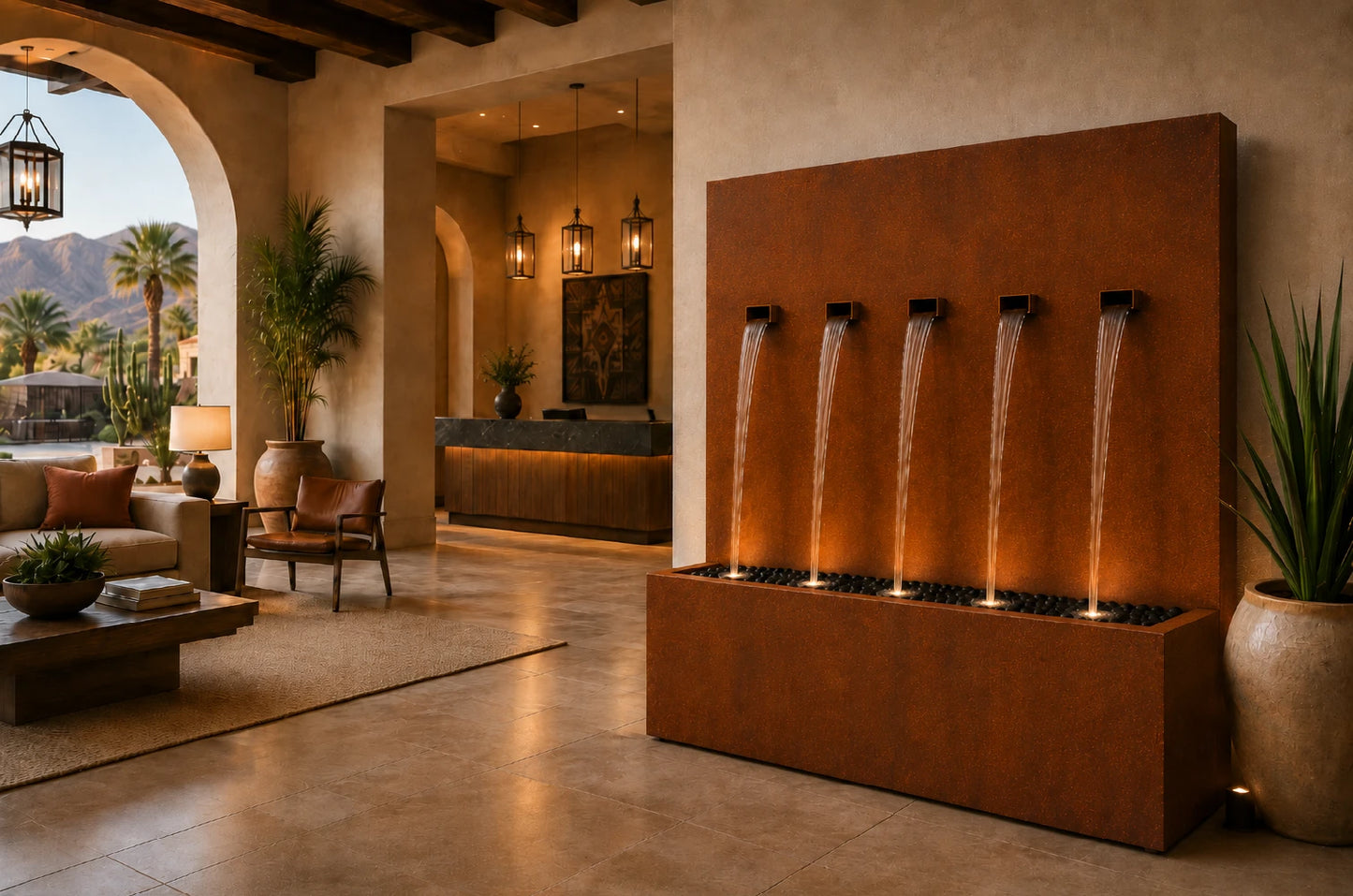 Corten steel 50-inch 5-spout vertical wall fountain, side angle view