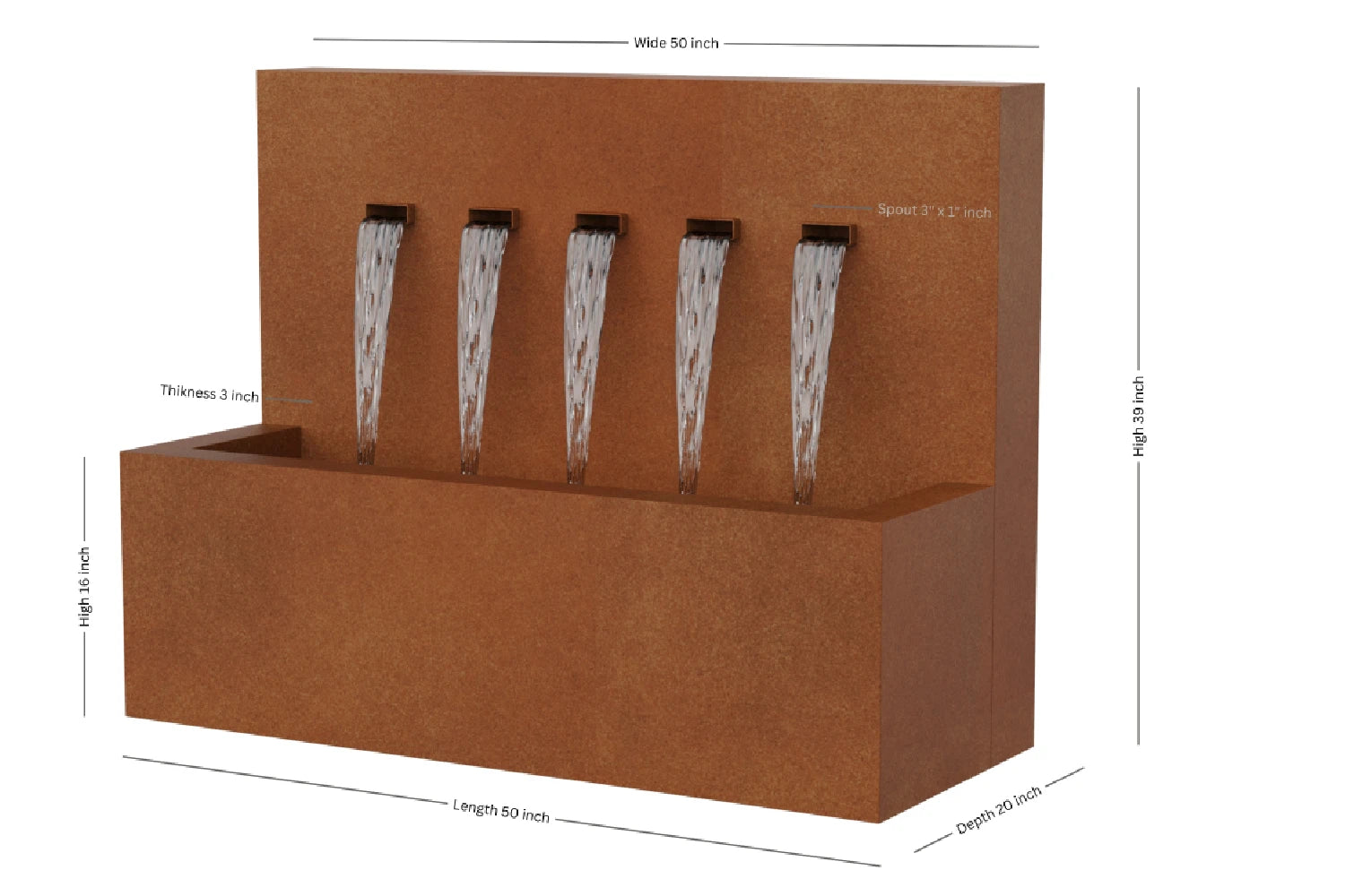 Corten 50-inch 5-spout vertical wall fountain dimension 50" W x 39" H x 20" D