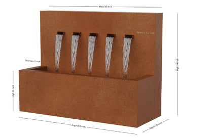 Corten 50-inch 5-spout vertical wall fountain dimension 50" W x 39" H x 20" D